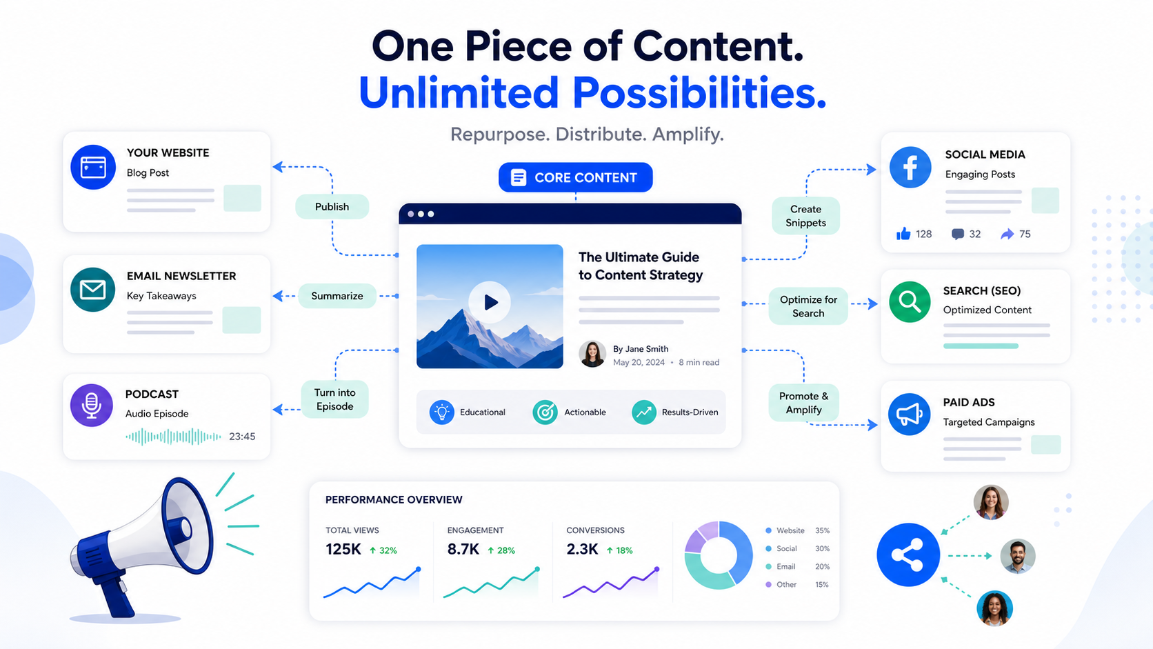 Infographic titled One Piece of Content, Unlimited Possibilities showing core content repurposed into a blog post, email newsletter, podcast, social media posts, SEO content, and paid ads, with a performance overview showing total views, engagement, and conversions